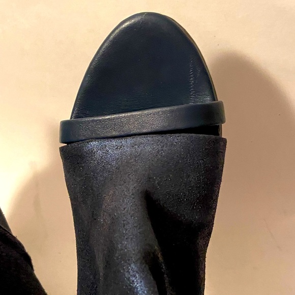 Finery London Open Toe Navy Wet Metallic Leather Booties Block High Heels 38/7.5 - Picture 5 of 9